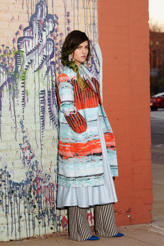 Jacket: Kaelen Earrings: Kenneth Jay Lane Necklace: Lulu Frost Teal blouse: Cynthia Rowley Skirt: ÖHLIN / D Pants: Betsey Johnson Shoes: Manolo Blahnik