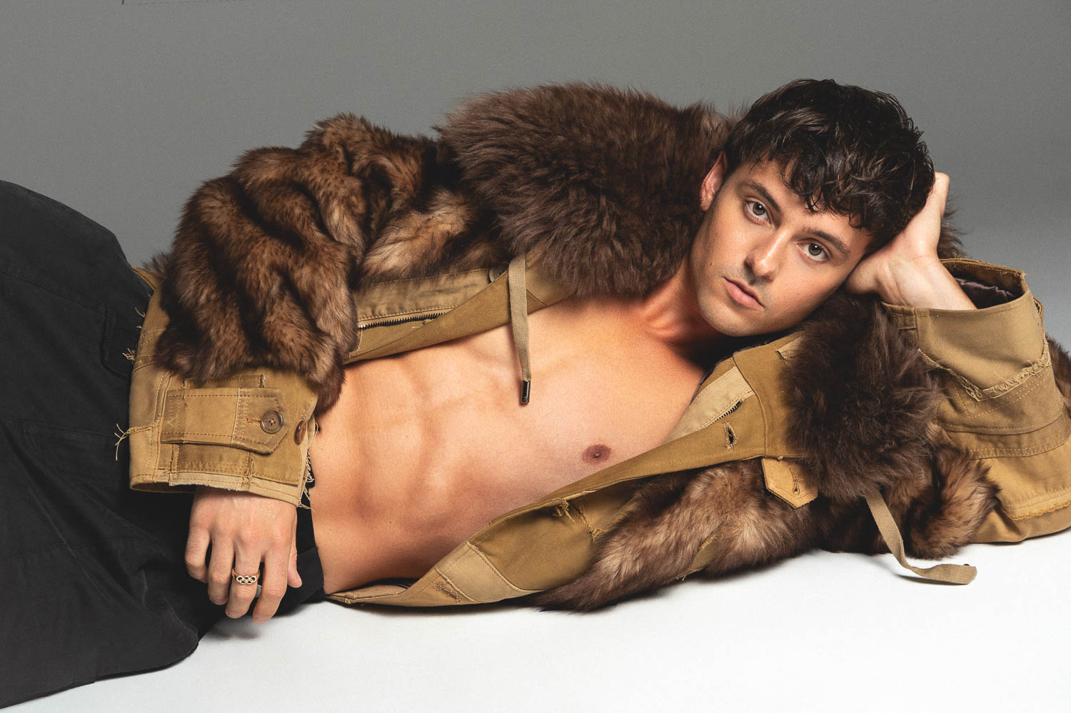 Tom Daley Topless Fur Coat abs photoshoot